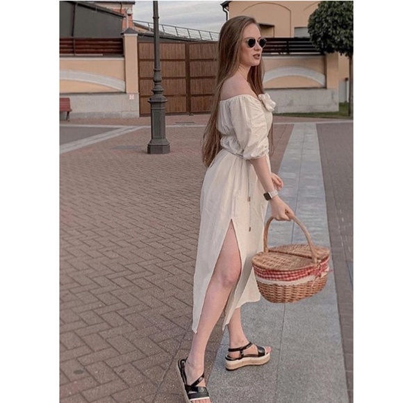 Off Shoulder Beige Boho Dress with Leg Slit - Picture 10 of 10